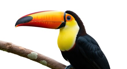 Fototapeta premium Striking Toucan Perched on Branch Against White Background.