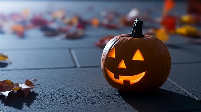 Illuminated jack-o'-lantern rests on a paved path amidst scattered autumn leaves