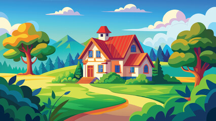 Naklejka premium Cozy country house with a red roof in a green summer landscape with trees and mountains