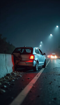 Damaged car after crash on dark highway. Vehicle hit concrete barrier, tail lights on. Evening accident scene with debris on wet asphalt road.