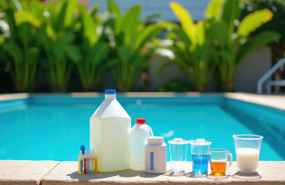 Pool chemicals and water test kit sit by blue water. Bottles and vials measure pH and chlorine levels for clean swimming. Maintain pool hygiene and safety.