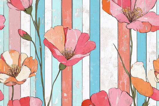 flaming katy flowers in coral pink tones on colorful striped background textured botanical illustration modern floral pattern for wallpaper textile print and decor