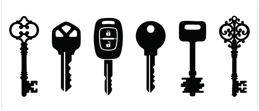 Set of Keys Silhouette Icons, Vintage and Modern Car Access Tools Collection. Black vector key shapes representing security, home access, automotive locking mechanism, and antique ornamental design el