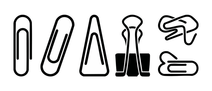 Paper clips and binder clip icons set, office supplies black vector silhouettes, various metal stationery fasteners for documents and paperwork management, isolated flat design graphic elements collec