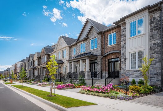 Modern stone townhomes lined up with vibrant flowerbeds and blue skies
