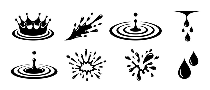 Water Splash and Droplet Icons, Liquid Ripple Vector Set for Graphic Design, Black Silhouettes of Fluid Shapes and Crown Splashes, Isolated Minimalist Elements for Web and Mobile UI Applications, Vect