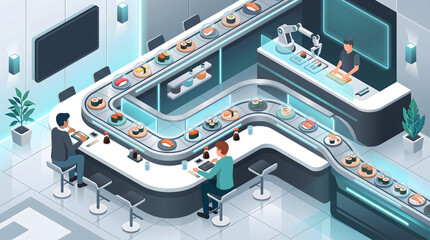 Fototapeta premium Sushi Restaurant Offers a Modern Dining Experience with Conveyor Belt and Robotic Chef Ideal for Food Innovation Business and Dining
