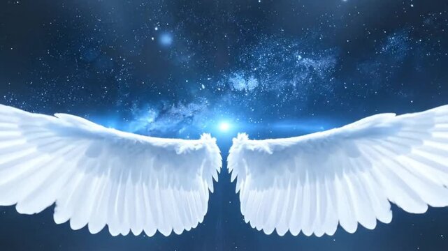 Two large white wings spread against a dark blue starry background, fantasy