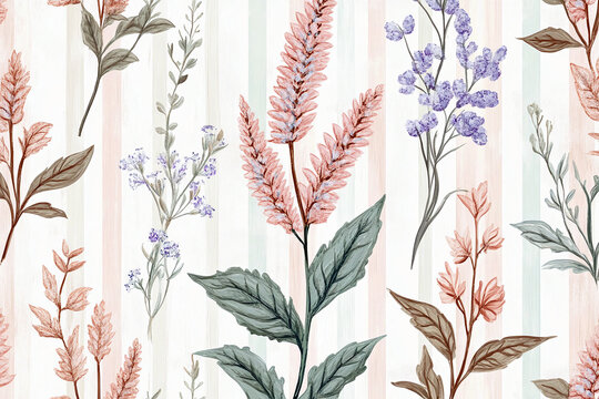 anise hyssop flowers with green leaves on soft pastel striped background botanical illustration delicate herbal floral design for prints textile wallpaper and decor