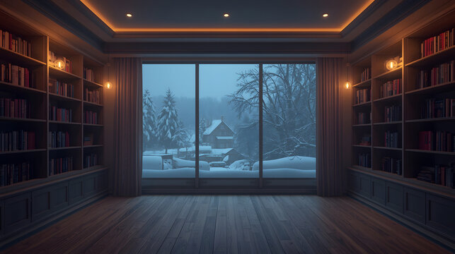 A cozy library room with a large window overlooking a snowy landscape