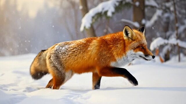 A beautiful fox walks through a snowy forest during the winter season