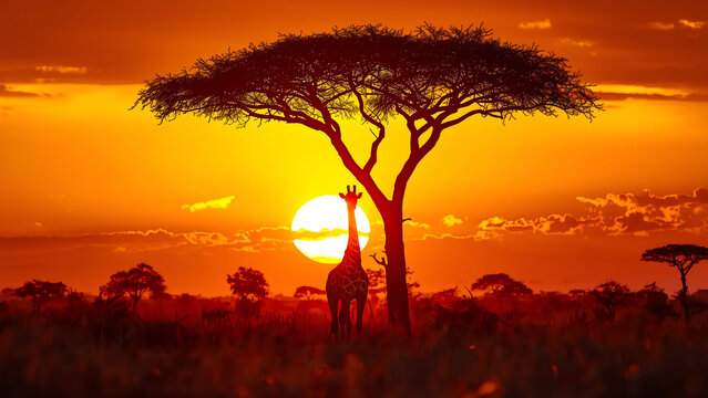 A Majestic Giraffe Stands Beneath an Acacia Tree at Sunset in the African Savannah.