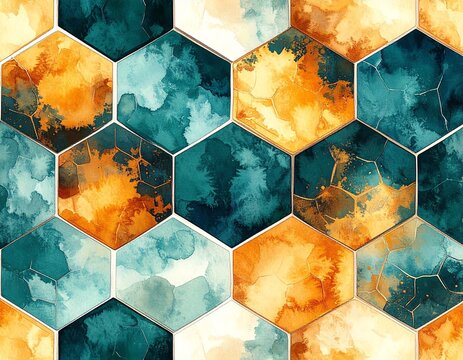 Traditional Japanese kikkou hexagonal pattern with watercolor teal and orange