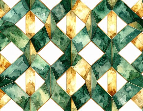 Traditional Japanese kagome basket weave pattern in green and gold watercolor