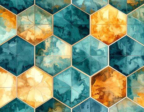 Watercolor illustration of traditional Japanese kikkou tortoiseshell hexagonal pattern