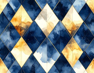 Geometric blue and gold diamond pattern with watercolor texture background