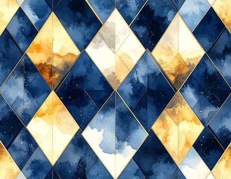 Geometric blue and gold diamond pattern with watercolor texture background