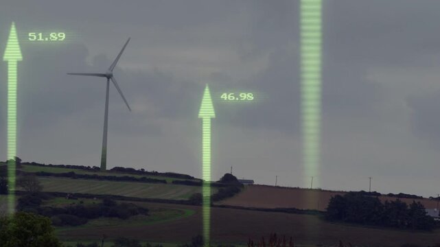 Wind turbine rotating on ridge, energy data starting, green arrows rising, intensifying then fading