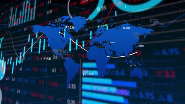Blue map animating finance data, starting spots zooming regions, trend lines tracing markets