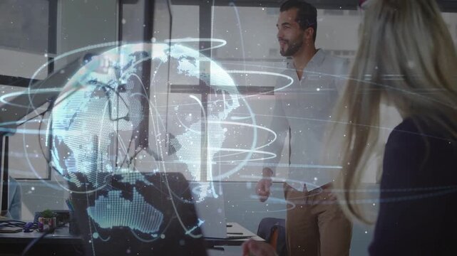 Lead tapping screen, holo globe orbiting overlay, peers collaborating then high-fiving, business