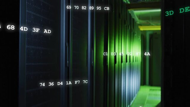 Server racks receiving hex overlays appearing, codes streaming diagonally, visualizing network flow