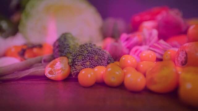 LED lights shifting magenta wash across board showing cherry tomatoes and broccoli for food ads