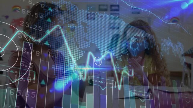 Adult pointing at notebook, child following while animated finance charts and line teaching budgets