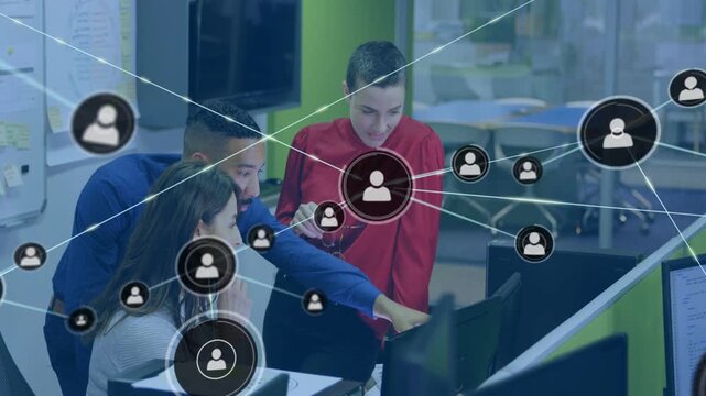Team working in business, man pointing at monitor initiating network overlay visualizing collab