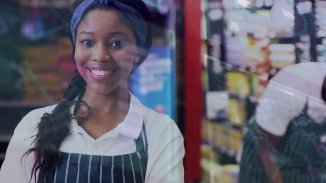 Vertical video: Camera revealing retail clerk smiling, overlays around clerk promoting grocery ads