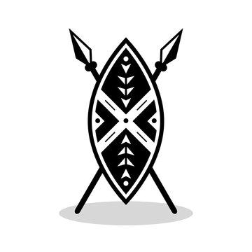 African Traditional Weapon icon. African shield and spears icon with shadow