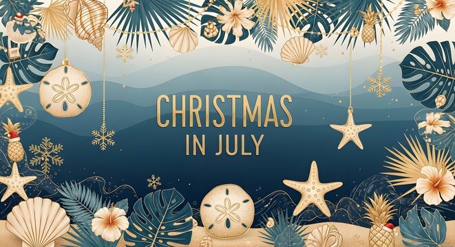 Golden Tropical Christmas in July festive background with sea ornaments
