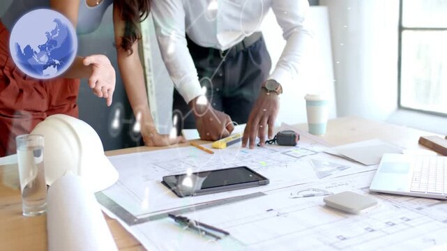 Vertical video: Woman pointing, man aligning level on plans, AR overlays pulsing, refining design