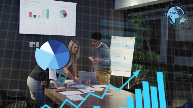 Analytics team checking laptop, starting overlays over papers and analyzing data