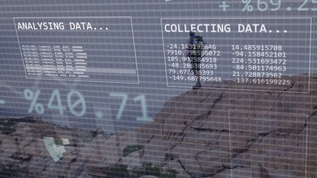 Hiker walking ridge, movement causing HUD updating pie chart, analytics and graphs analysing route