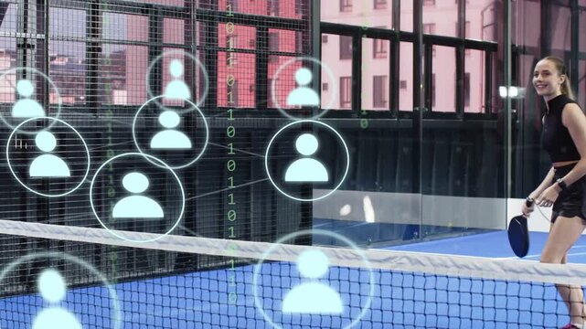 Player serving on court, AR circle appearing, serve causing avatars multiplying for sports tech