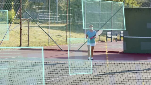 Vertical video: Tennis pair tossing ball serving moving while HUD boxes tracking players for drill