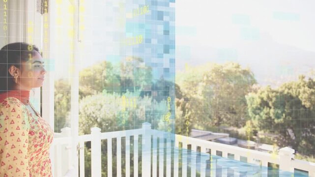 Woman viewing hills at door, timed tech overlay obscuring rail and trees keeping woman visible