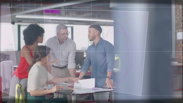 Team reviewing designs, designer passing sheets as new member approaching for feedback HUD shifting