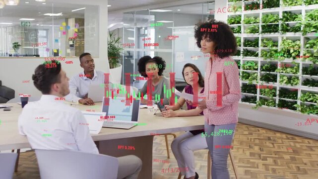 Woman opening pages presenting finance updating team meeting, candlestick charts aligning with team