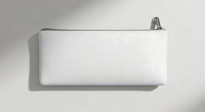 White leather zippered pouch with silver hardware on gray background