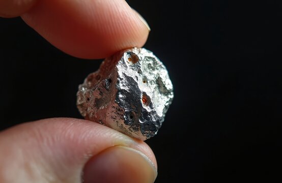 Close up of palladium nugget held between fingers. Native metal fragment gleams, showing raw, unrefined texture, metallic sheen against dark background. Represents value, natural resources.