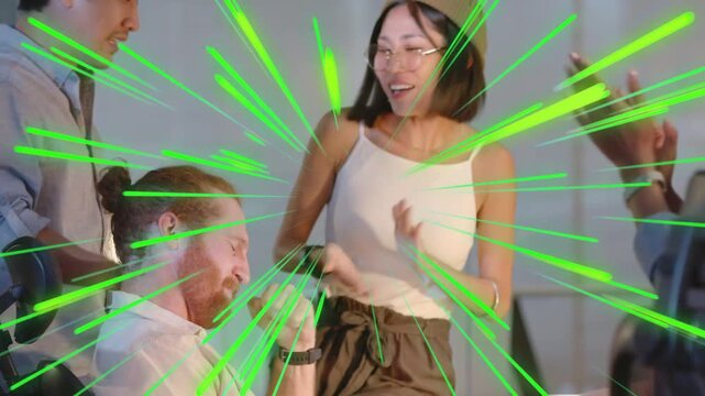 Main woman clapping from desk perch and sparking green radial streaks, office team celebrating