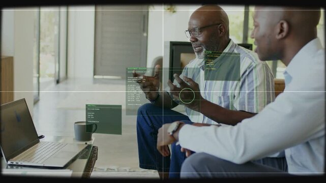 Mentor tapping phone and guiding laptop data for tech demo, animated AR boxes highlighting UI