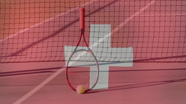 Vertical video: Racket leaning on net with ball, plus fading, pushing shot, centering for sport