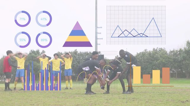Players celebrating scoring winning goal, activating charts highlighting trophy and sports stats