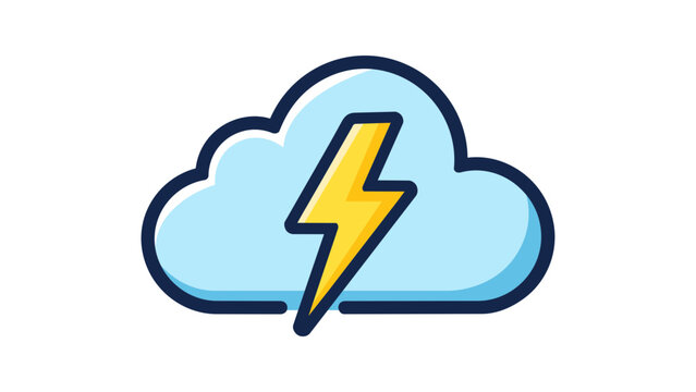 Modern flat vector icon illustration of a blue cloud with a yellow lightning bolt, representing serverless functions, cloud computing, storm weather, energy, and fast technology on white background.