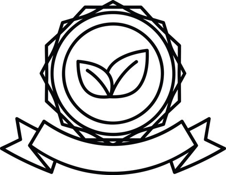 Eco-friendly organic product certification seal with ribbon and leaf icon