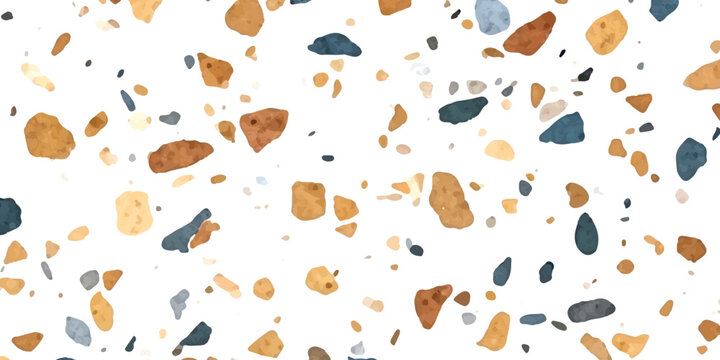 Abstract terrazzo pattern with colorful stone chips and granite fragments in earthy tones