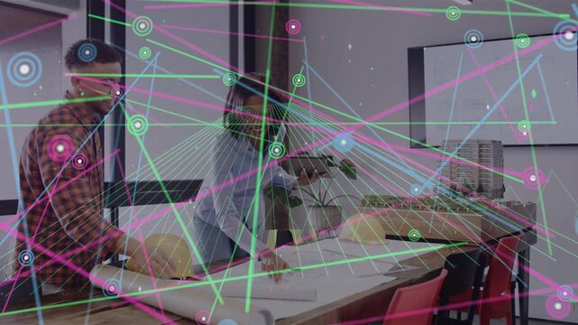 He unrolling blueprints while she pointing plans, causing animated nodes mapping for design signoff