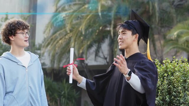 Smile sparking grad raising scroll friend reacting both marking grad blue overlay crossing frame